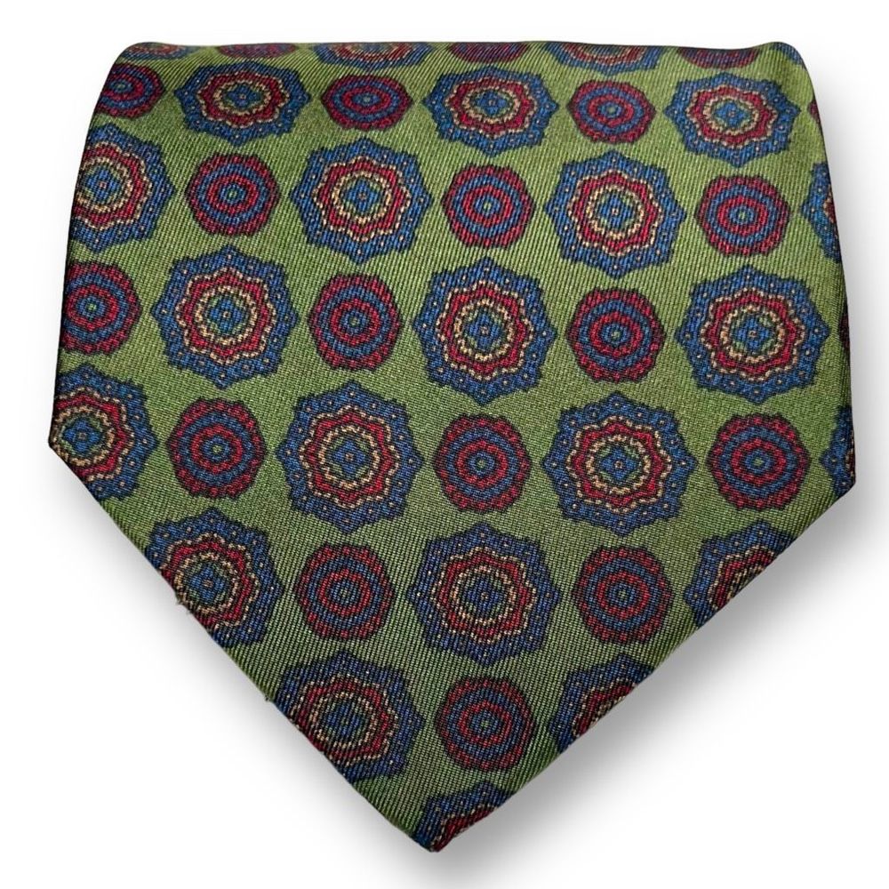 VITALIANO PANCALDI GUC Men’s Vintage Green/Red Medallion Foulard 100% Silk Tie - Picture 8 of 8